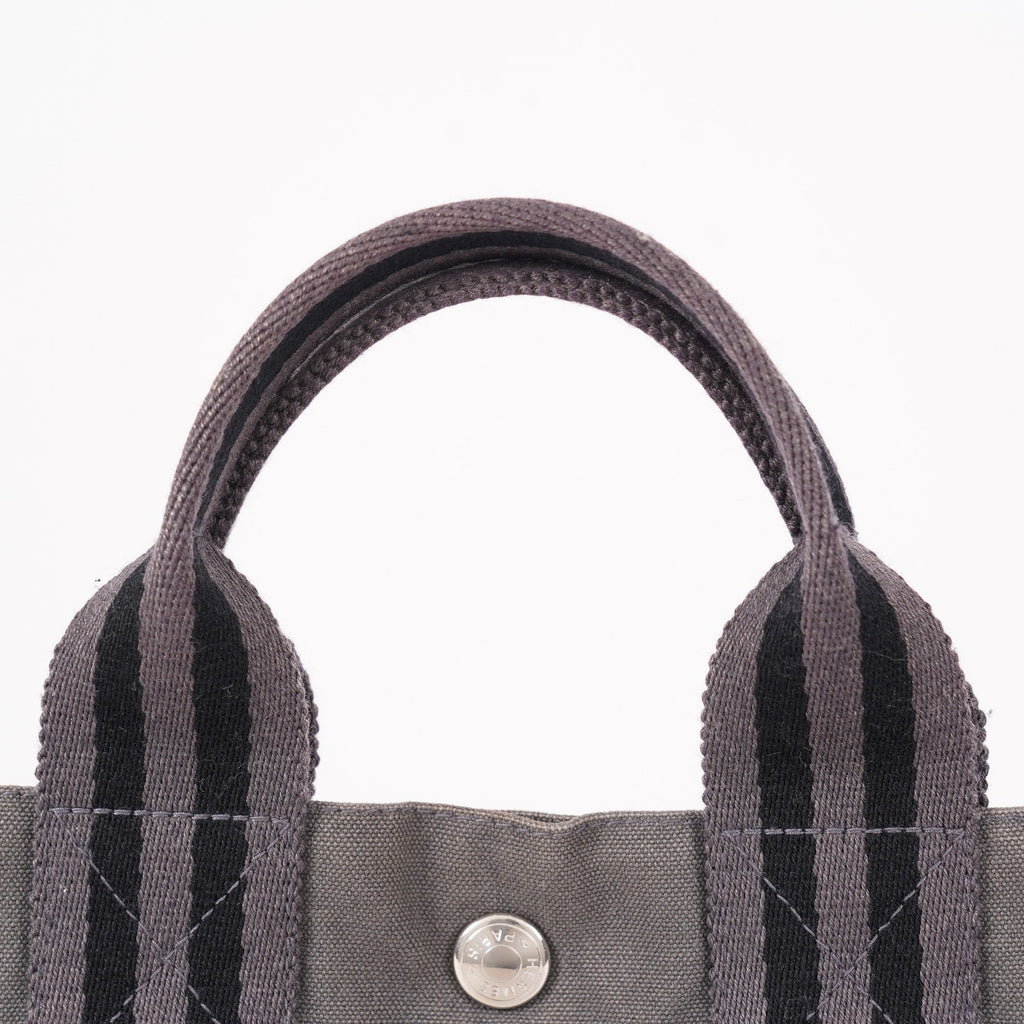 Hermes Fourre-Tout PM Tote Bag Gray Canvas Black Stripe Used Vintage 06E01825030