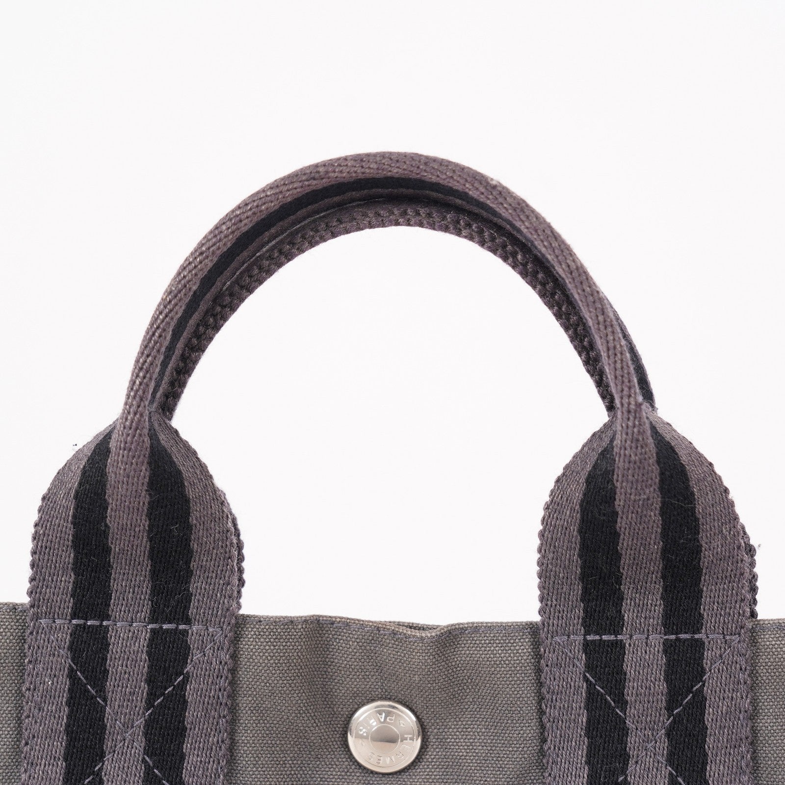 Hermes Fourre-Tout PM Tote Bag Gray Canvas Black Stripe Used Vintage 06E01825030