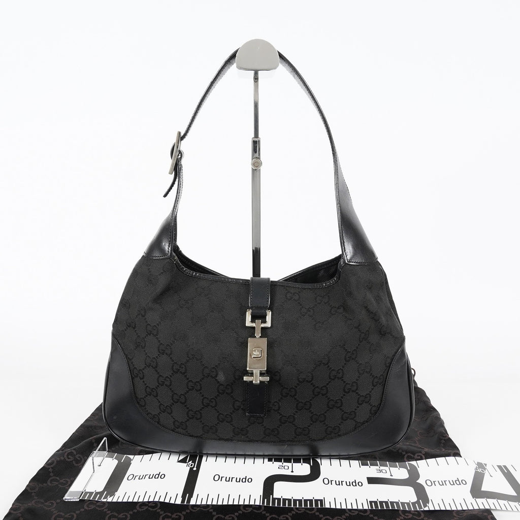 Gucci GG Canvas Shoulder Bag 30cm Black Leather Trim Vintage Used 07E263740009