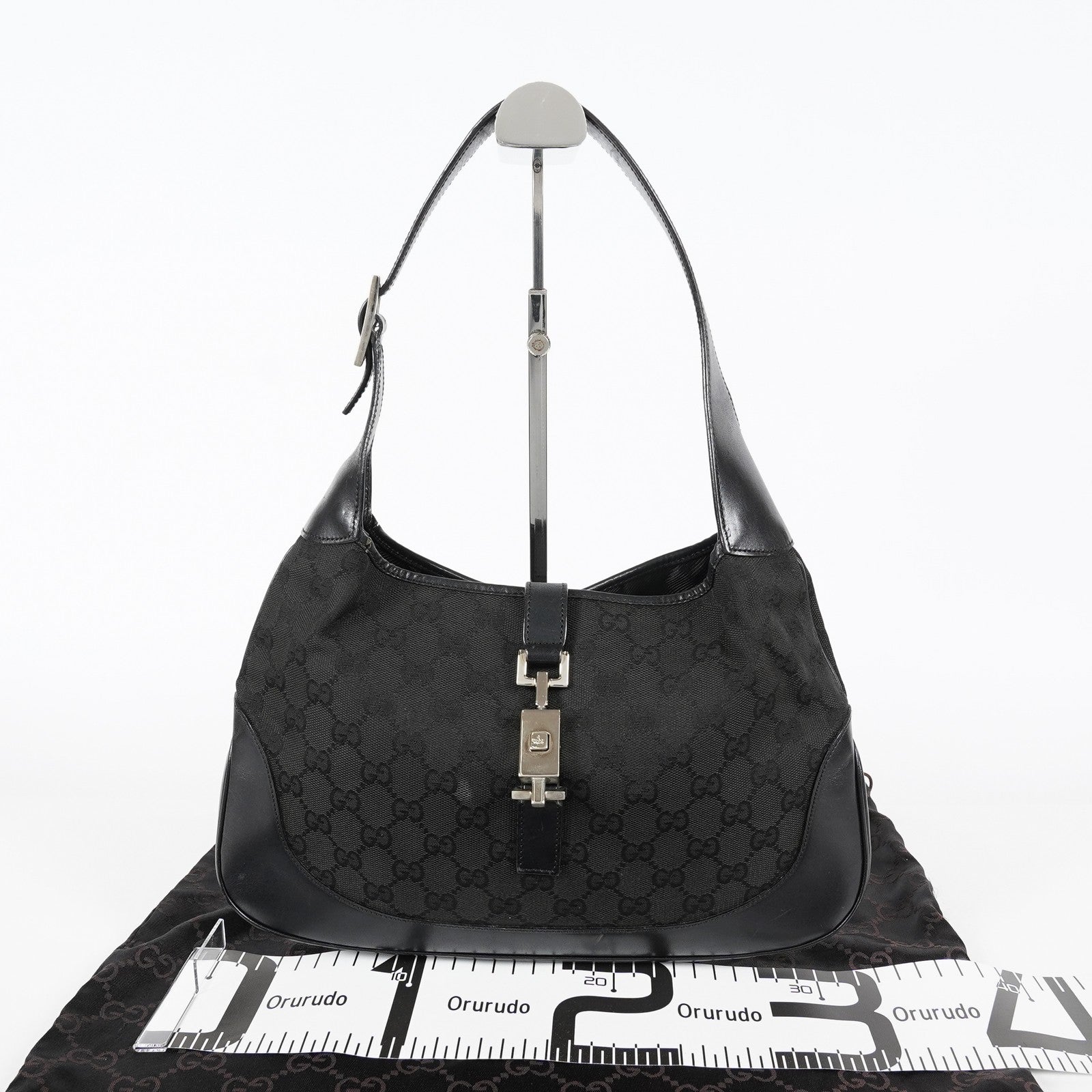 Gucci GG Canvas Shoulder Bag 30cm Black Leather Trim Vintage Used 07E263740009