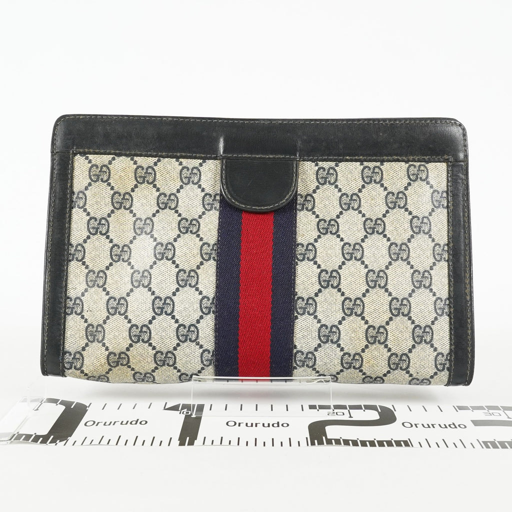 Gucci GG Supreme Clutch Bag 29cm Navy Canvas Leather Used Auth 09E20935010