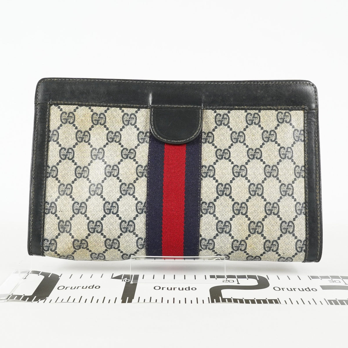 Gucci GG Supreme Clutch Bag 29cm Navy Canvas Leather Used Auth 09E20935010