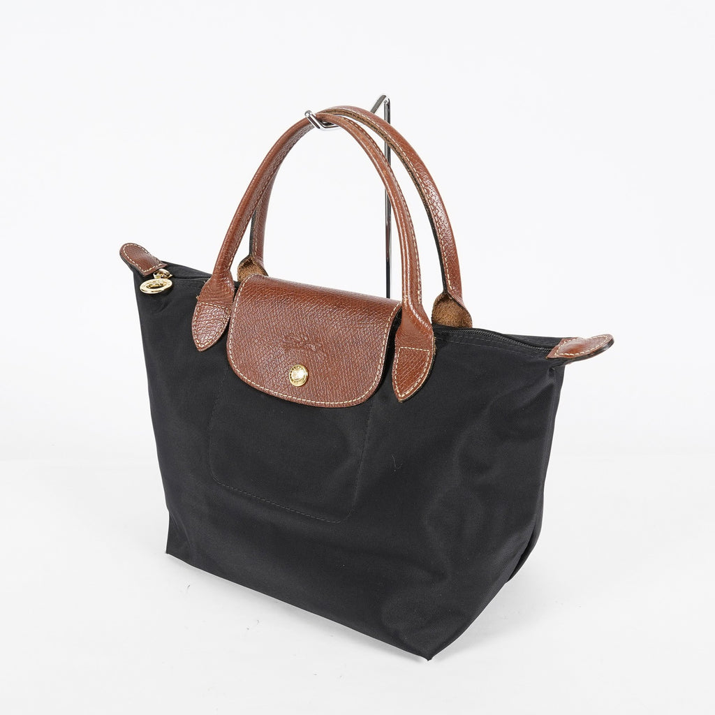 Longchamp Le Pliage Top Handle Tote Bag Black Nylon Leather M Used 08A261045003