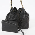 CHANEL Vintage CC Black Leather Drawstring Shoulder Bag 26cm Used 07E118580027