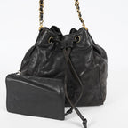 CHANEL Vintage CC Black Leather Drawstring Shoulder Bag 26cm Used 07E118580027