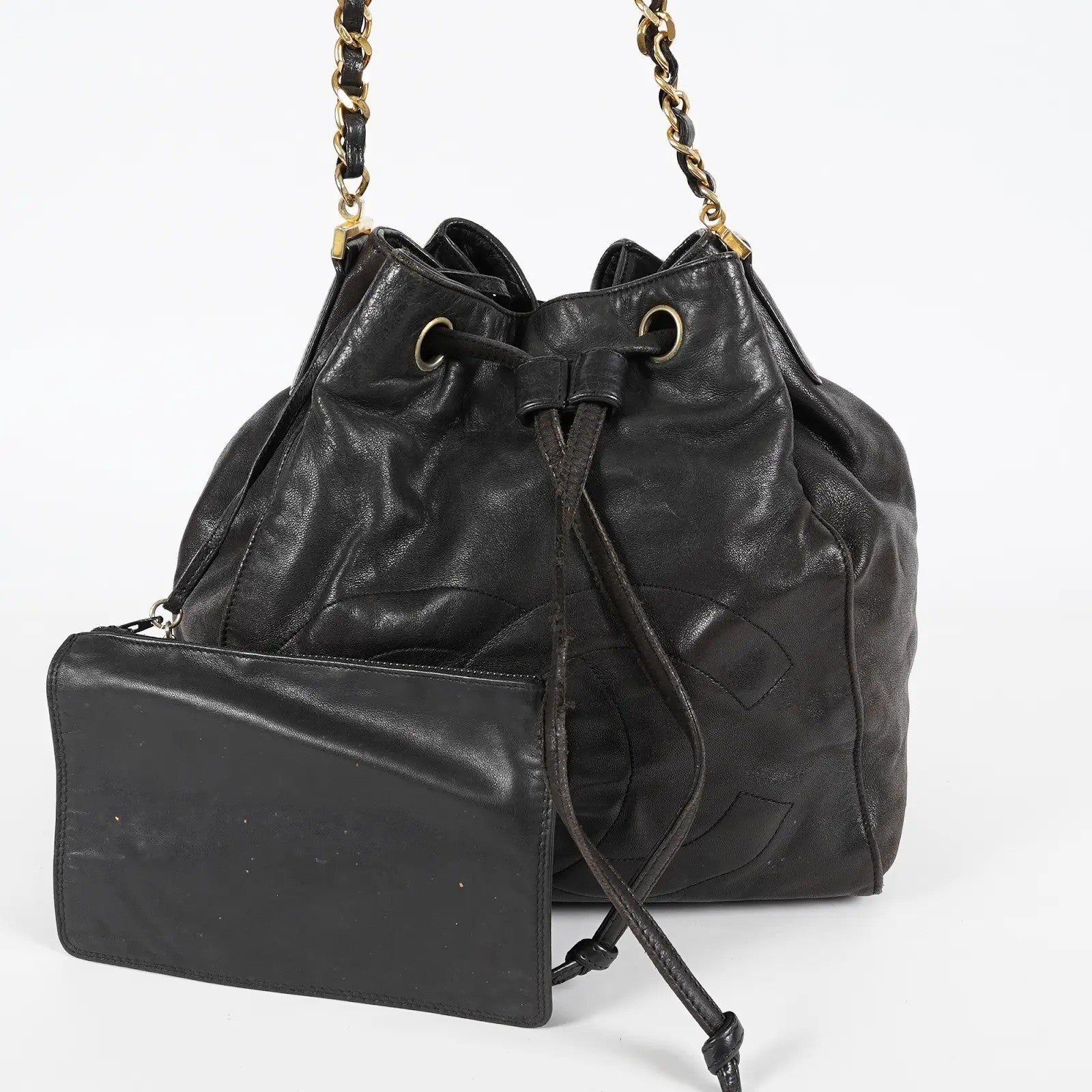 CHANEL Vintage CC Black Leather Drawstring Shoulder Bag 26cm Used 07E118580027