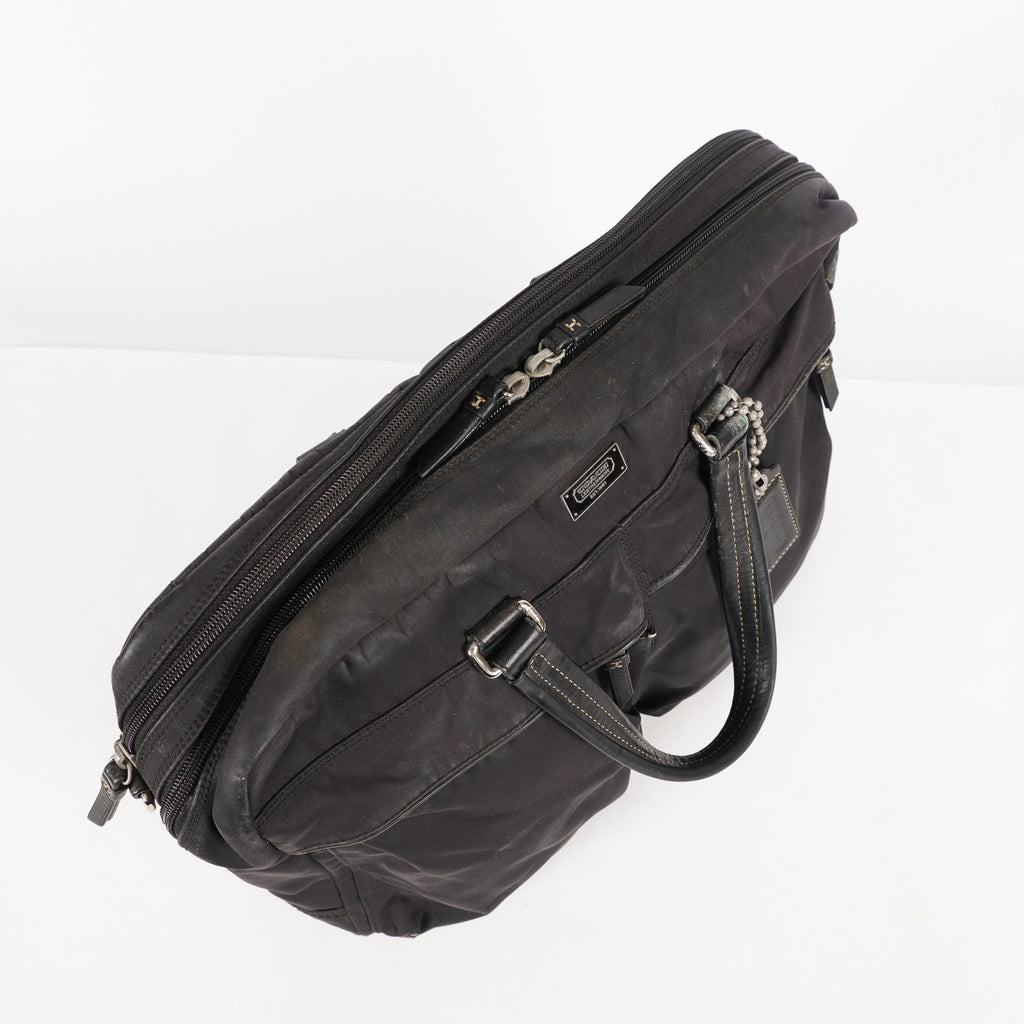 Coach Varick Briefcase Business Bag Brown Nylon Leather Tablet Laptop XY90