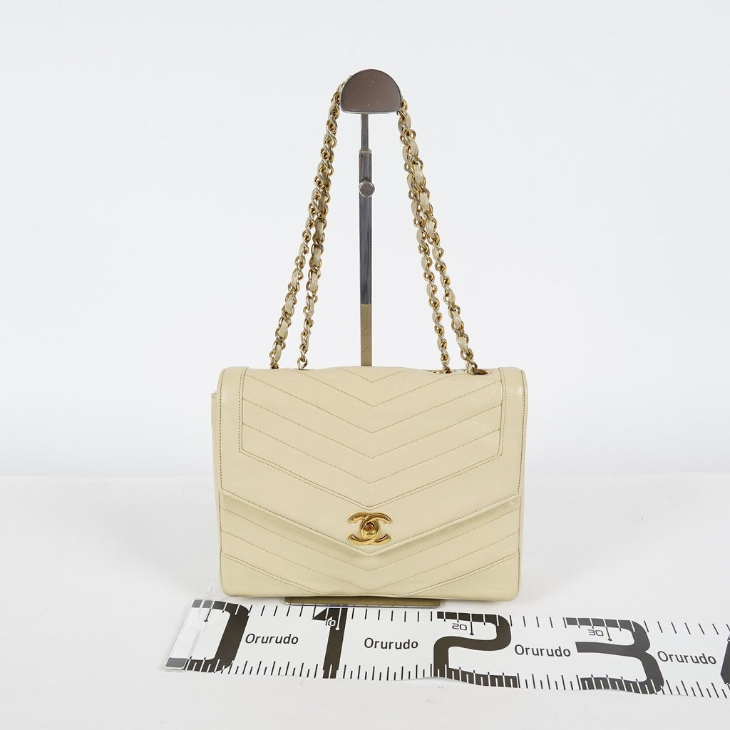 CHANEL Vintage V Stitch Flap Chain Shoulder Bag 25cm Beige Lambskin 08E077370012