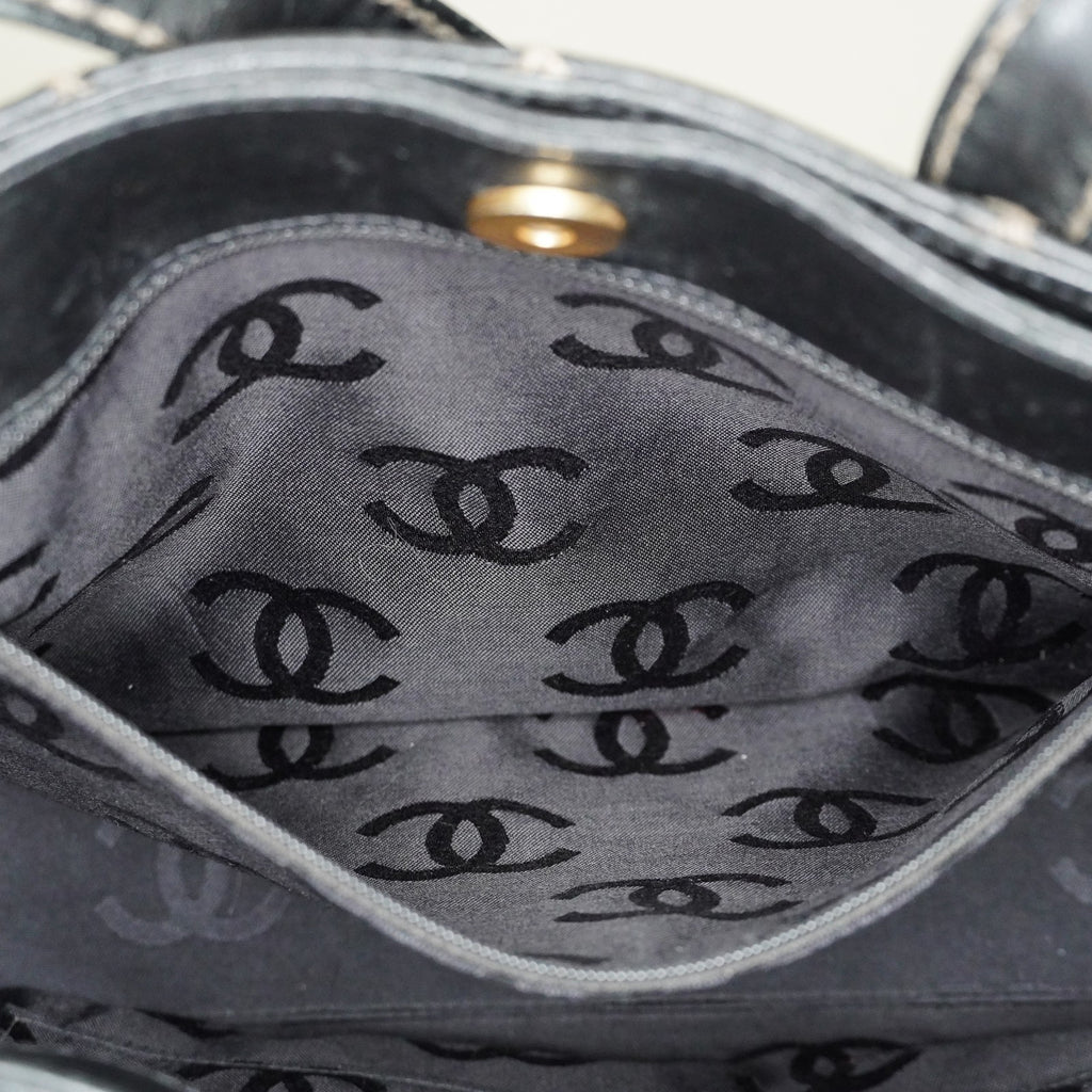 Chanel Wild Stitch Tote Bag Black Calfskin Leather CC Logo Used 07E077260010