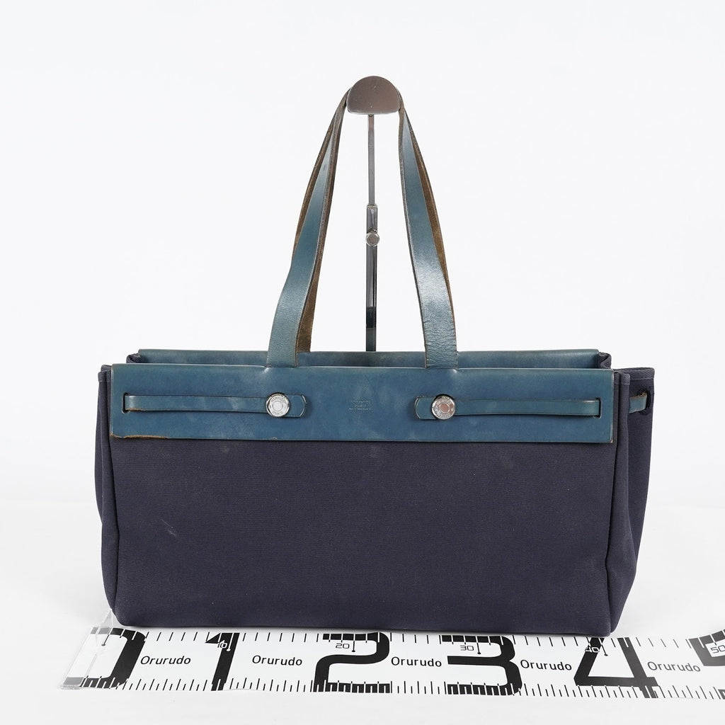 Hermes Herbag Cabas MM Navy Canvas Blue Leather Tote Hand Bag Used 08E043960012