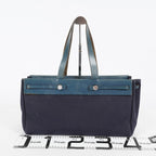 Hermes Herbag Cabas MM Navy Canvas Blue Leather Tote Hand Bag Used 08E043960012