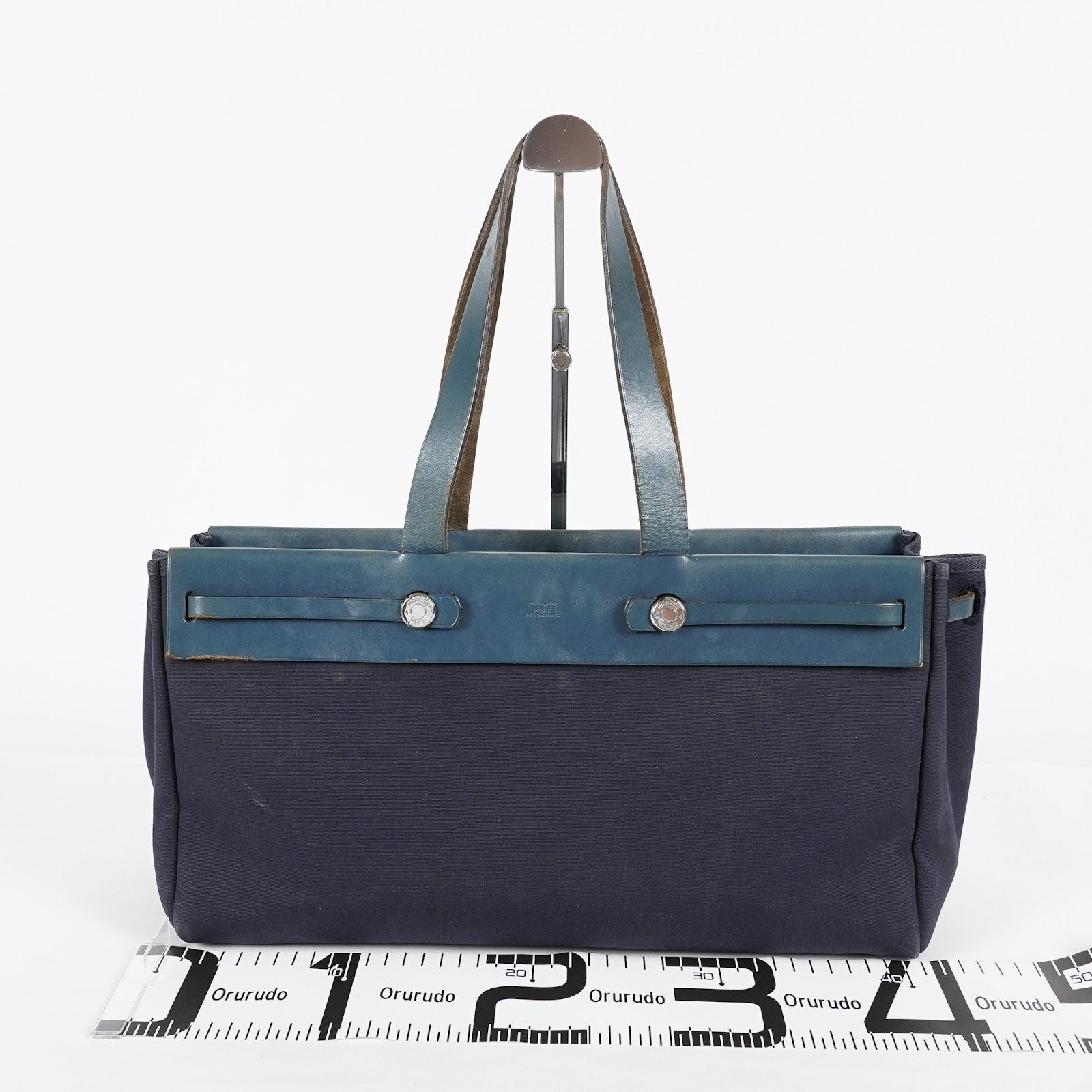 Hermes Herbag Cabas MM Navy Canvas Blue Leather Tote Hand Bag Used 08E043960012