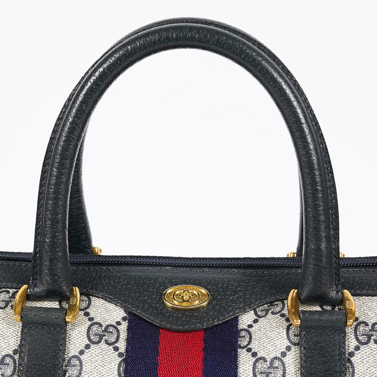 Gucci Sherry Line GG Supreme Boston Bag Navy Canvas Hand Bag Used 07E182860015