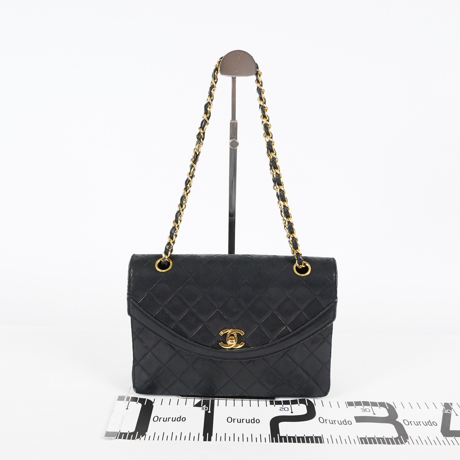Chanel Matelasse Half Moon Flap Bag 25cm Black Quilted Chain Used 08E0717270006