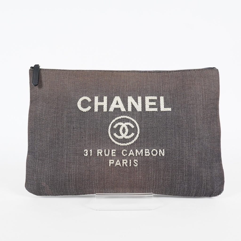 CHANEL Deauville Canvas Clutch Bag Pouch CC Logo Dark Brown Used 07A144118424
