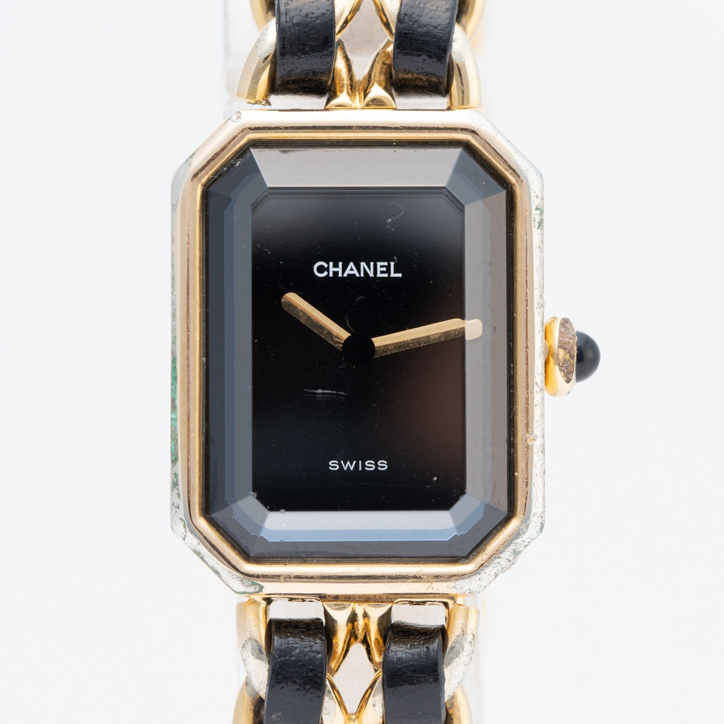 CHANEL Première Quartz Ladies Watch Gold × Black Leather Bracelet 04E039570007