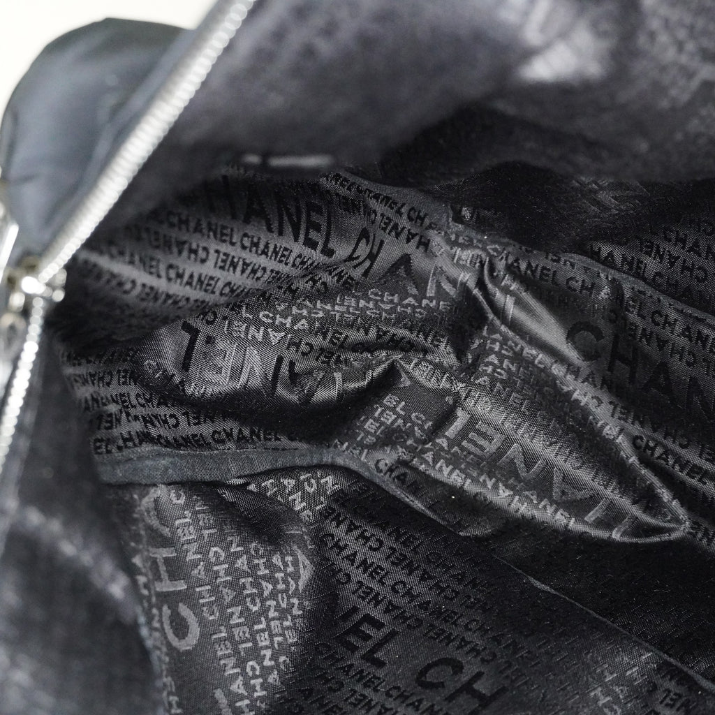 CHANEL Chocolate Bar Nylon Mini Boston Handbag Black Silver HW Used 07E314180008