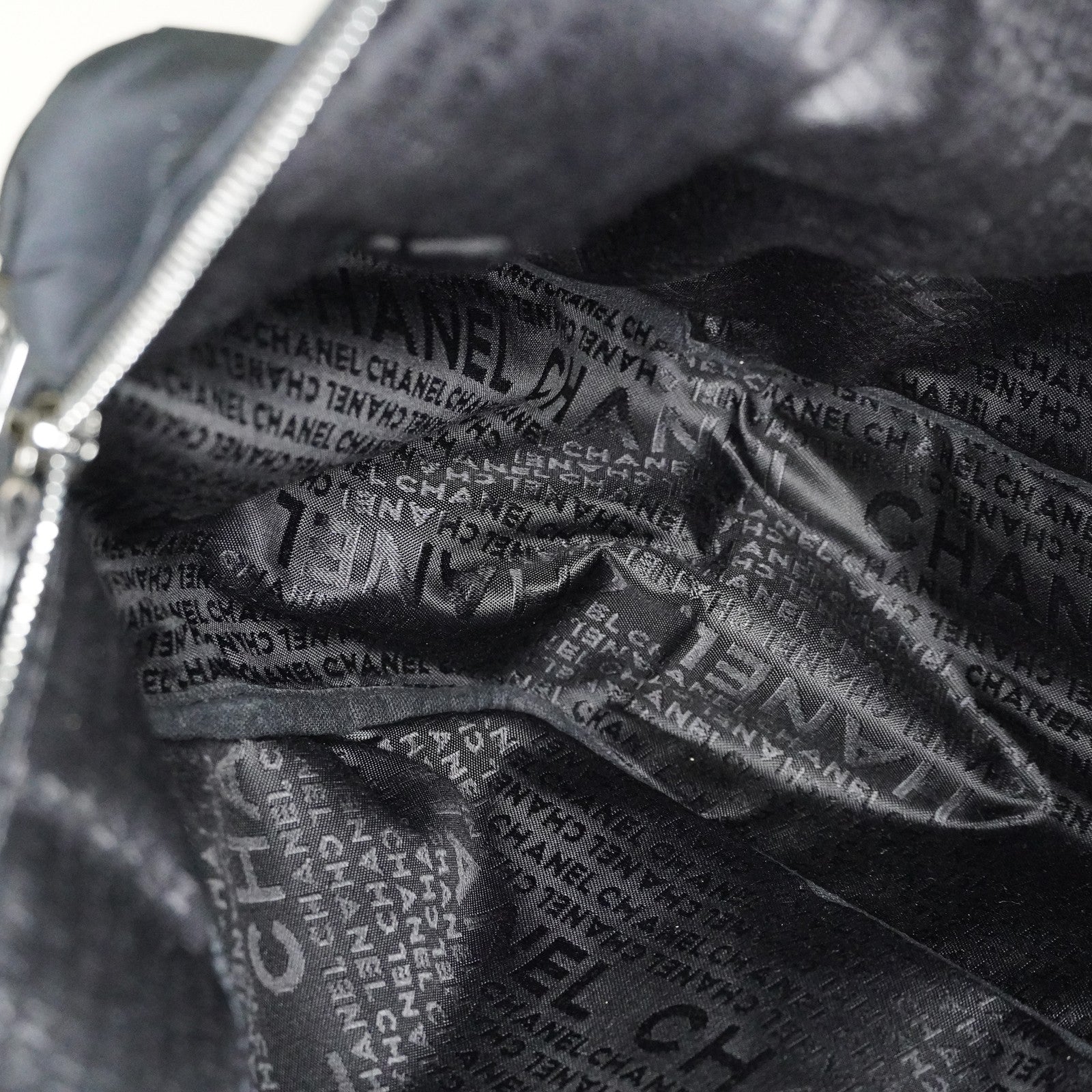 CHANEL Chocolate Bar Nylon Mini Boston Handbag Black Silver HW Used 07E314180008