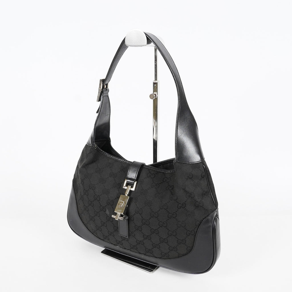 Gucci GG Canvas Shoulder Bag 30cm Black Leather Trim Vintage Used 07E263740009