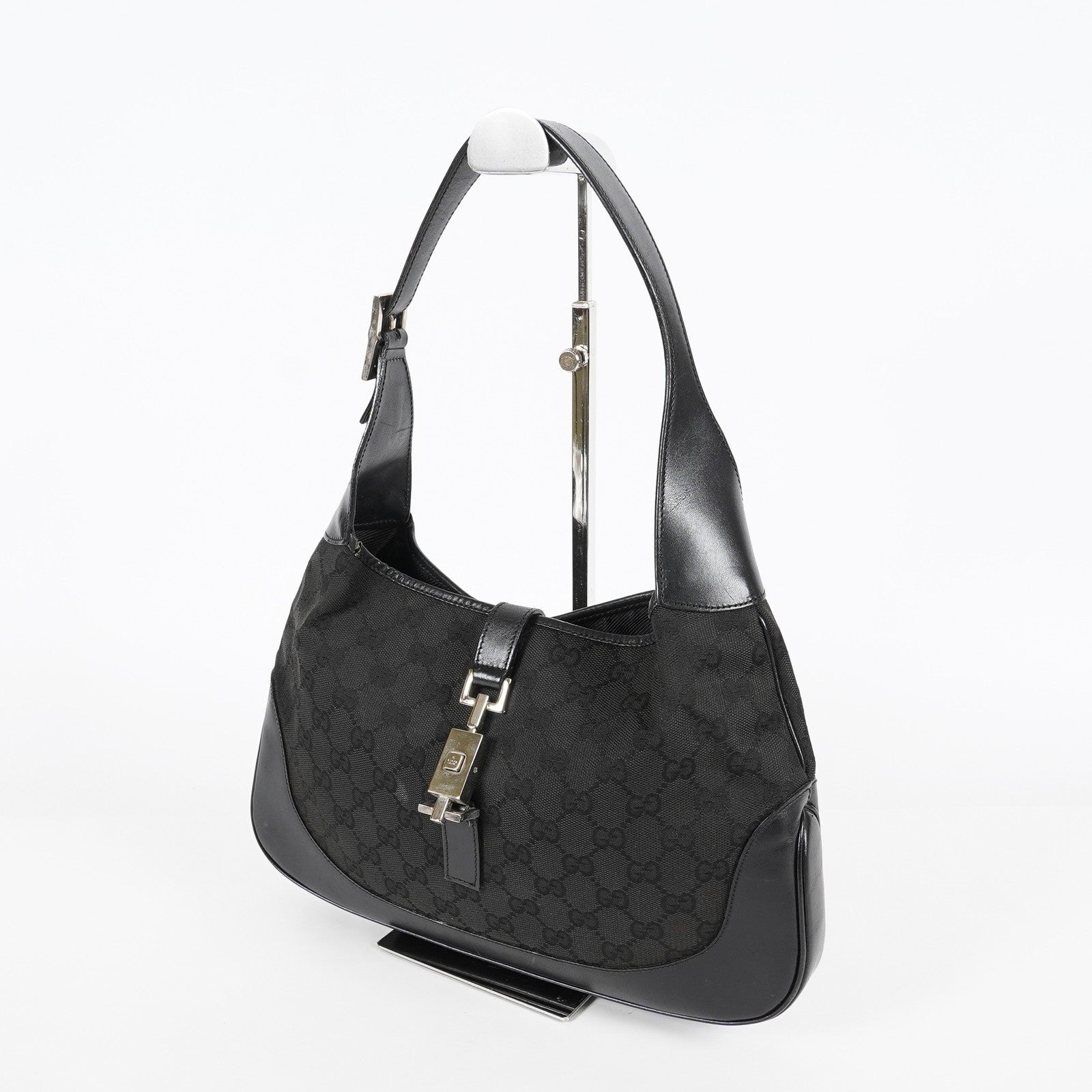 Gucci GG Canvas Shoulder Bag 30cm Black Leather Trim Vintage Used 07E263740009