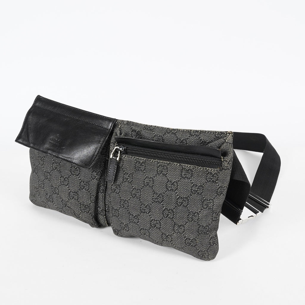 Gucci GG Denim Waist Belt Bag 30cm Black Leather Trim Used Vintage 08E022310002