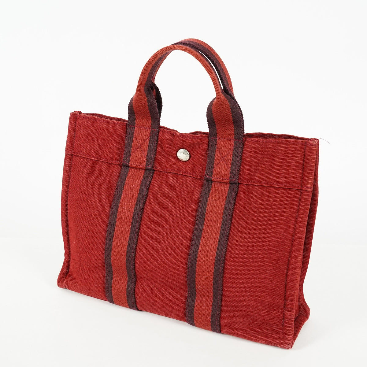 Hermes Fourre-Tout PM Red Canvas Leather Tote Bag Used Vintage 09E05825011