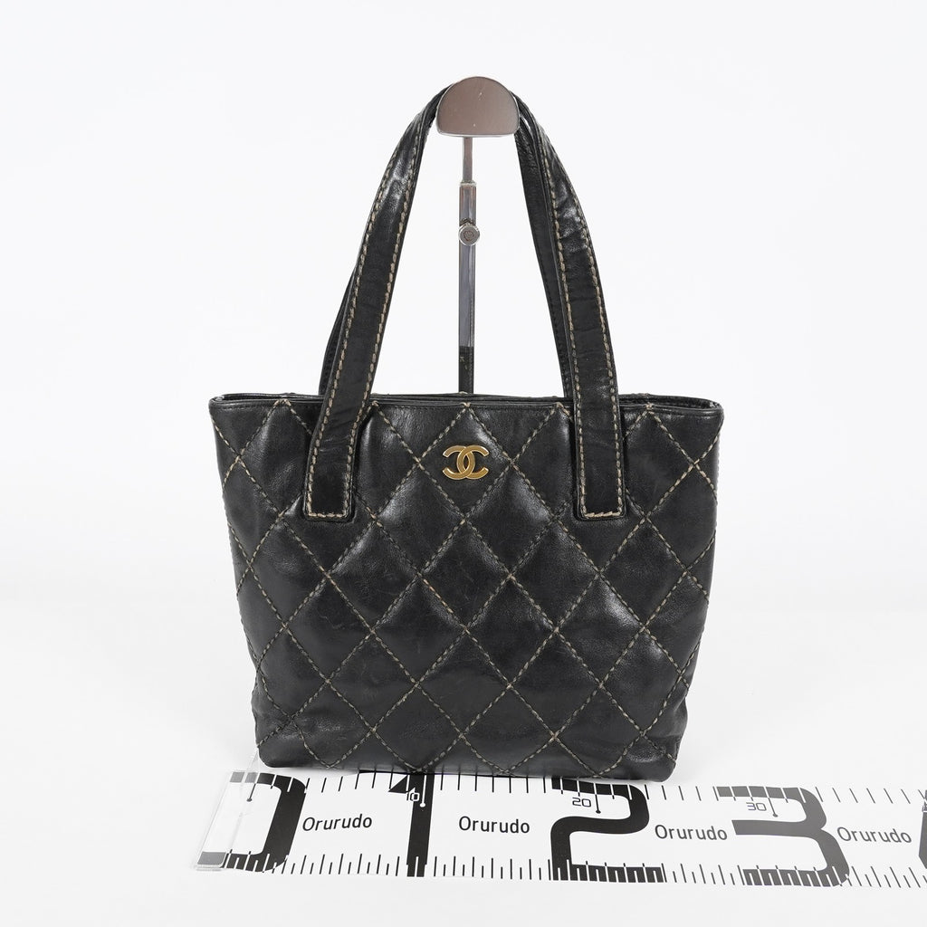 Chanel Wild Stitch Tote Bag Black Calfskin Leather CC Logo Used 07E077260010
