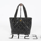 Chanel Wild Stitch Tote Bag Black Calfskin Leather CC Logo Used 07E077260010