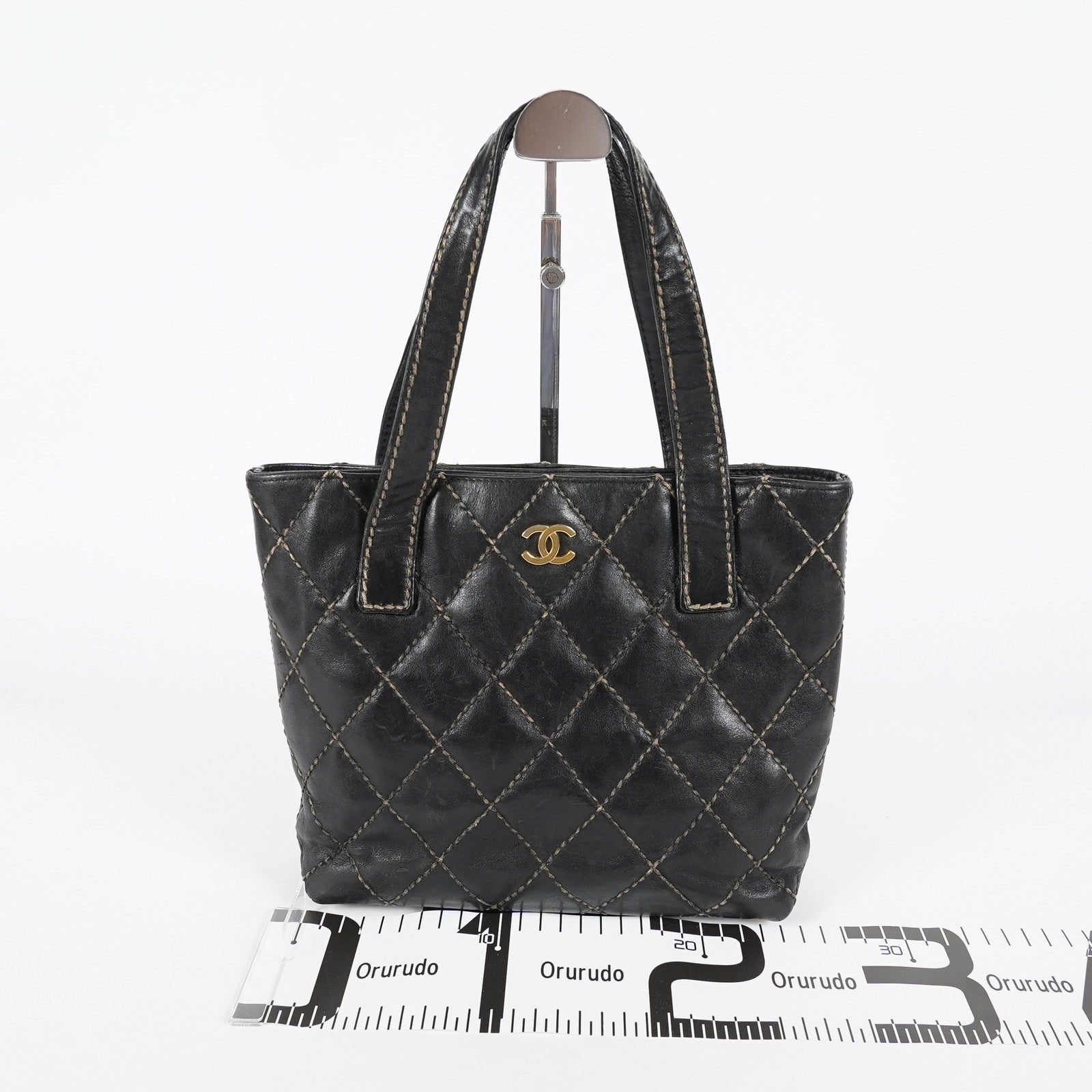 Chanel Wild Stitch Tote Bag Black Calfskin Leather CC Logo Used 07E077260010