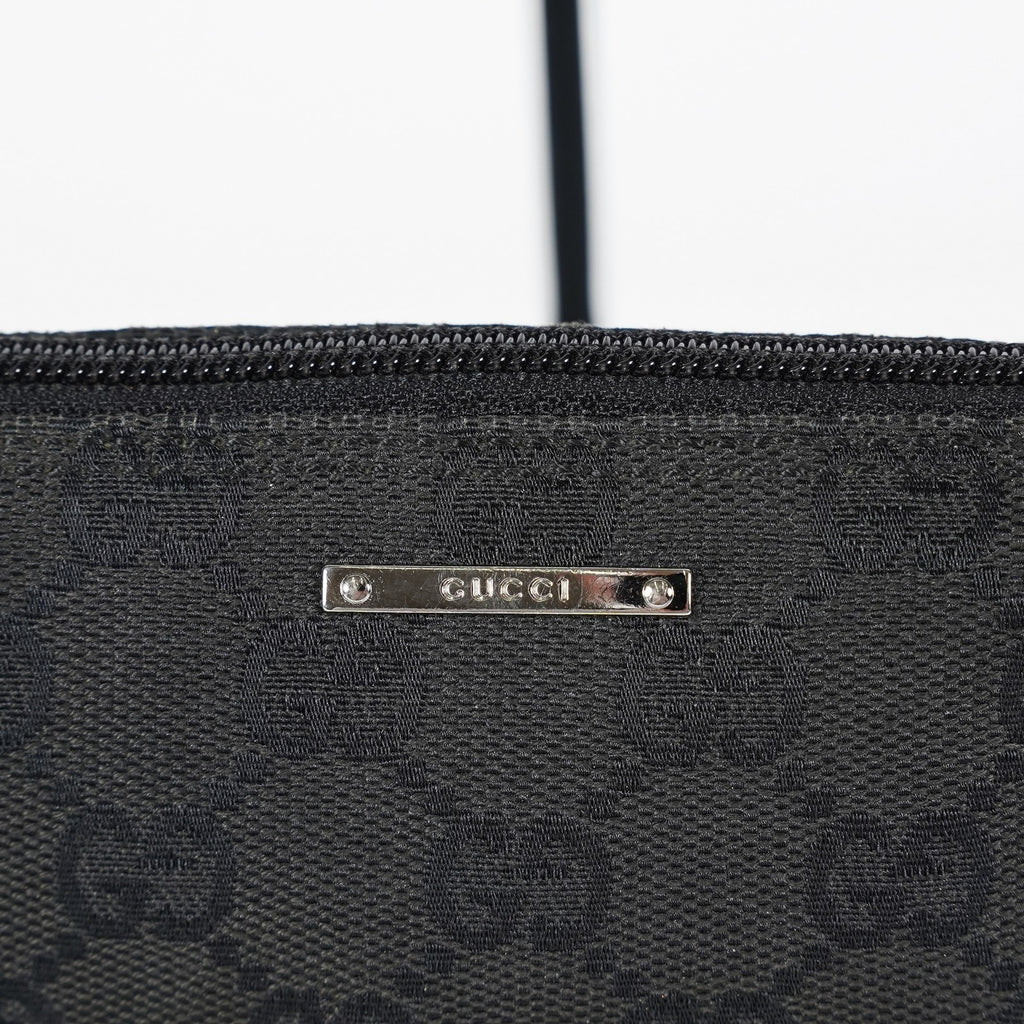 Gucci GG Canvas Boat Pochette 22cm Black Leather Trim Vintage Used 07E022310029
