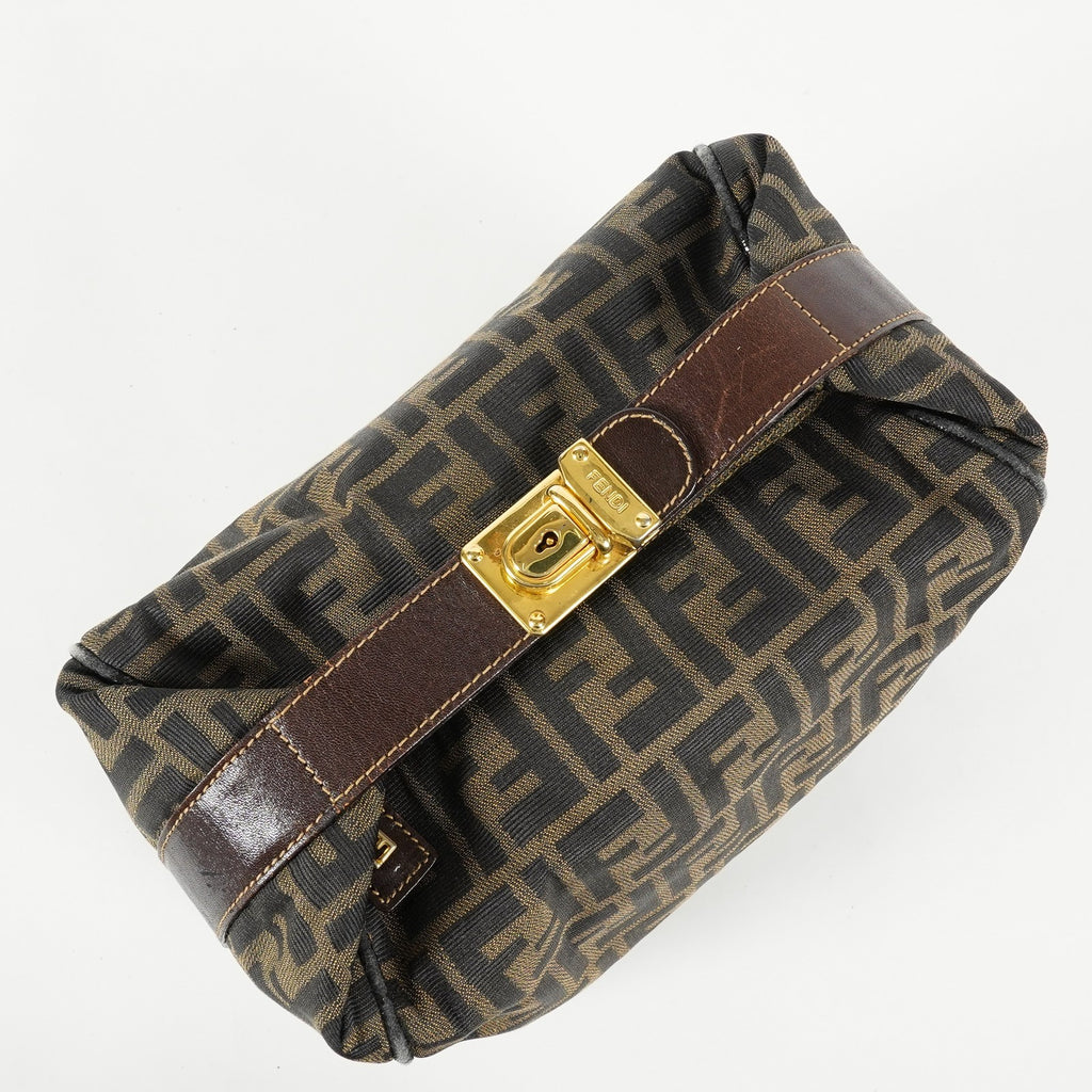 Fendi Zucca Mini Vanity Bag 24cm Brown Canvas Leather Used Auth 09E173410010