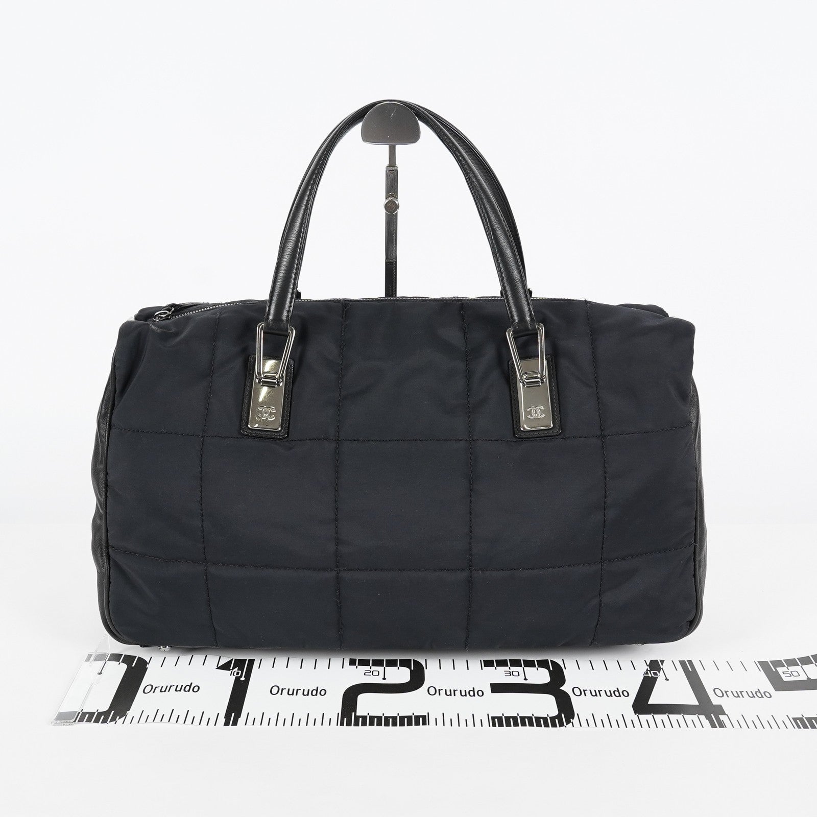 CHANEL Chocolate Bar Nylon Mini Boston Handbag Black Silver HW Used 07E314180008