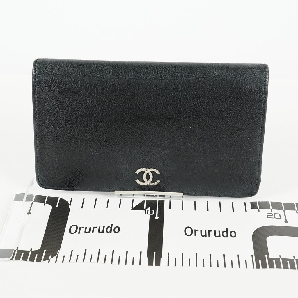 Chanel Caviar Skin Long Bifold Wallet Black Leather Used with Box 05E412310016