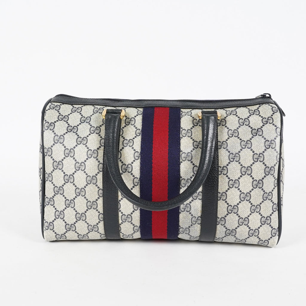 Gucci Vintage GG Supreme Sherry Web Mini Boston Bag Navy Leather 07E043410017