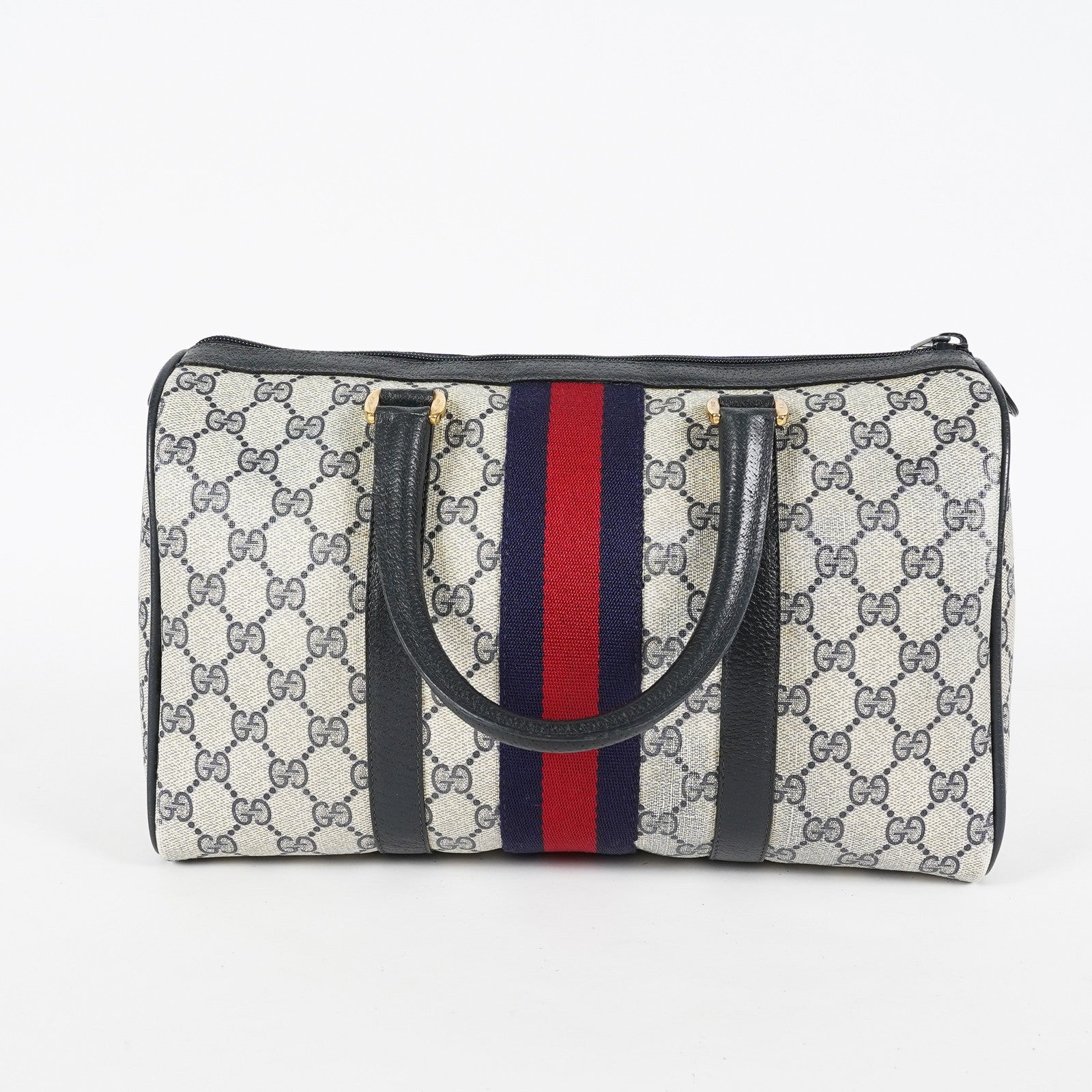 Gucci Vintage GG Supreme Sherry Web Mini Boston Bag Navy Leather 07E043410017