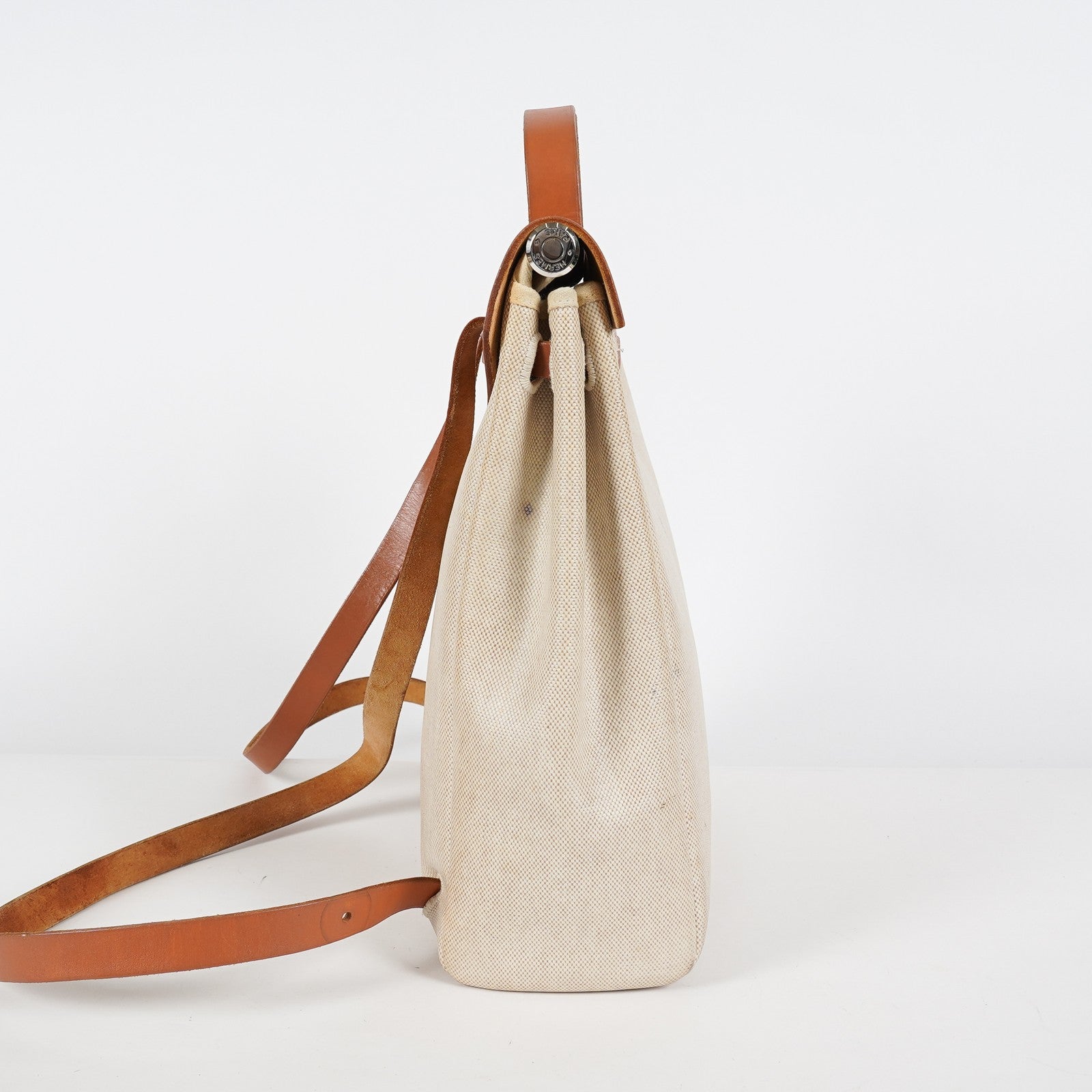 Hermes Herbag Ado PM Used Beige Canvas Brown Leather 2WAY Backpack 07A325834431