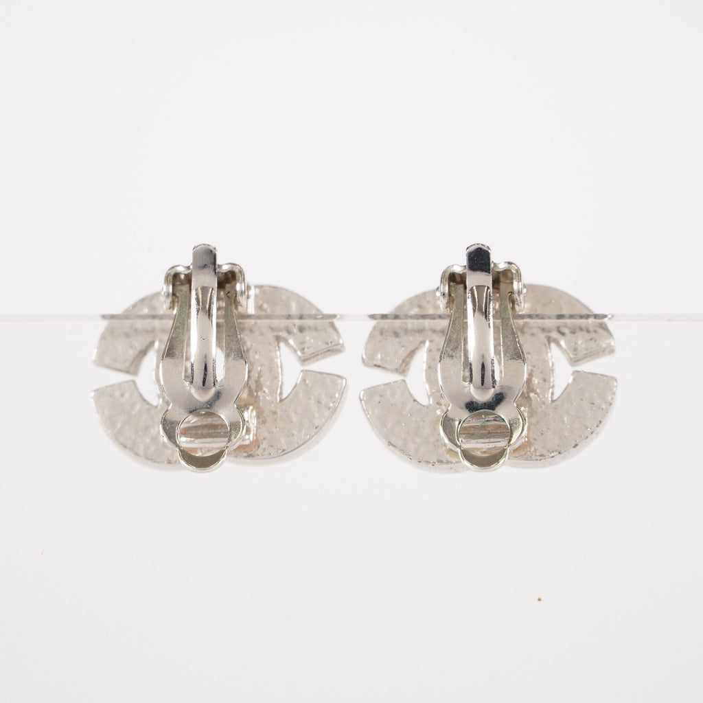 Chanel Coco Mark Rhinestone Bucket Earrings Silver Plated Women's 05E613300016