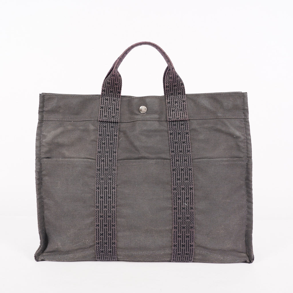 Auth Hermes Herline Tote MM Gray Canvas Silver HW Vintage Purse Used 07E22605005