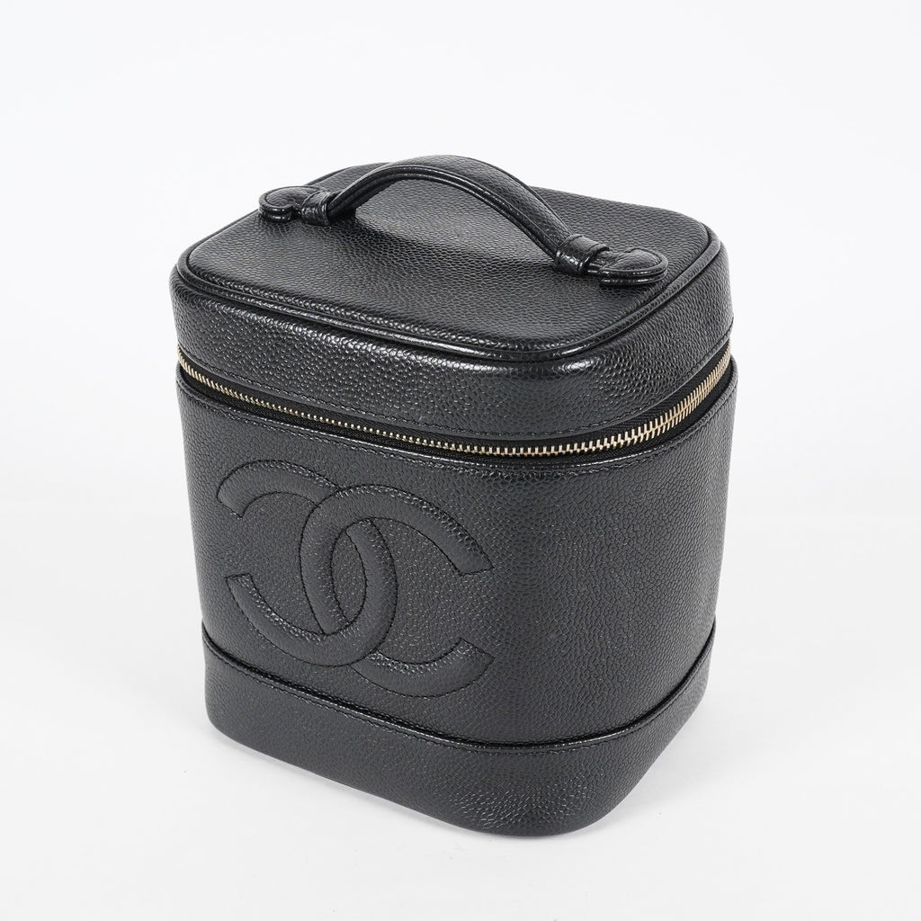 Chanel Caviar Skin Vanity Bag Top Handle 19cm Black Gold HW CC Used 08E066380006