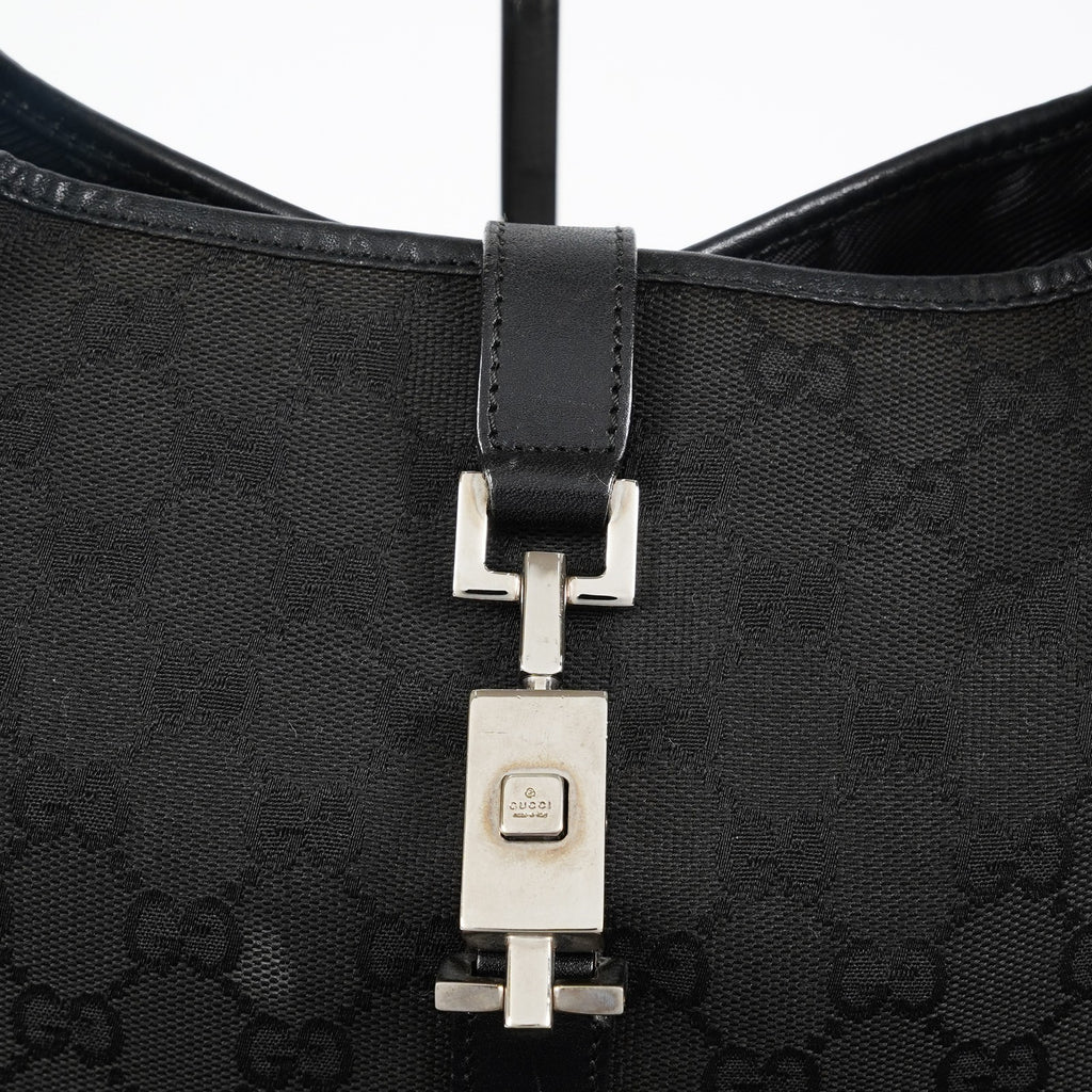Gucci GG Canvas Shoulder Bag 30cm Black Leather Trim Vintage Used 07E263740009