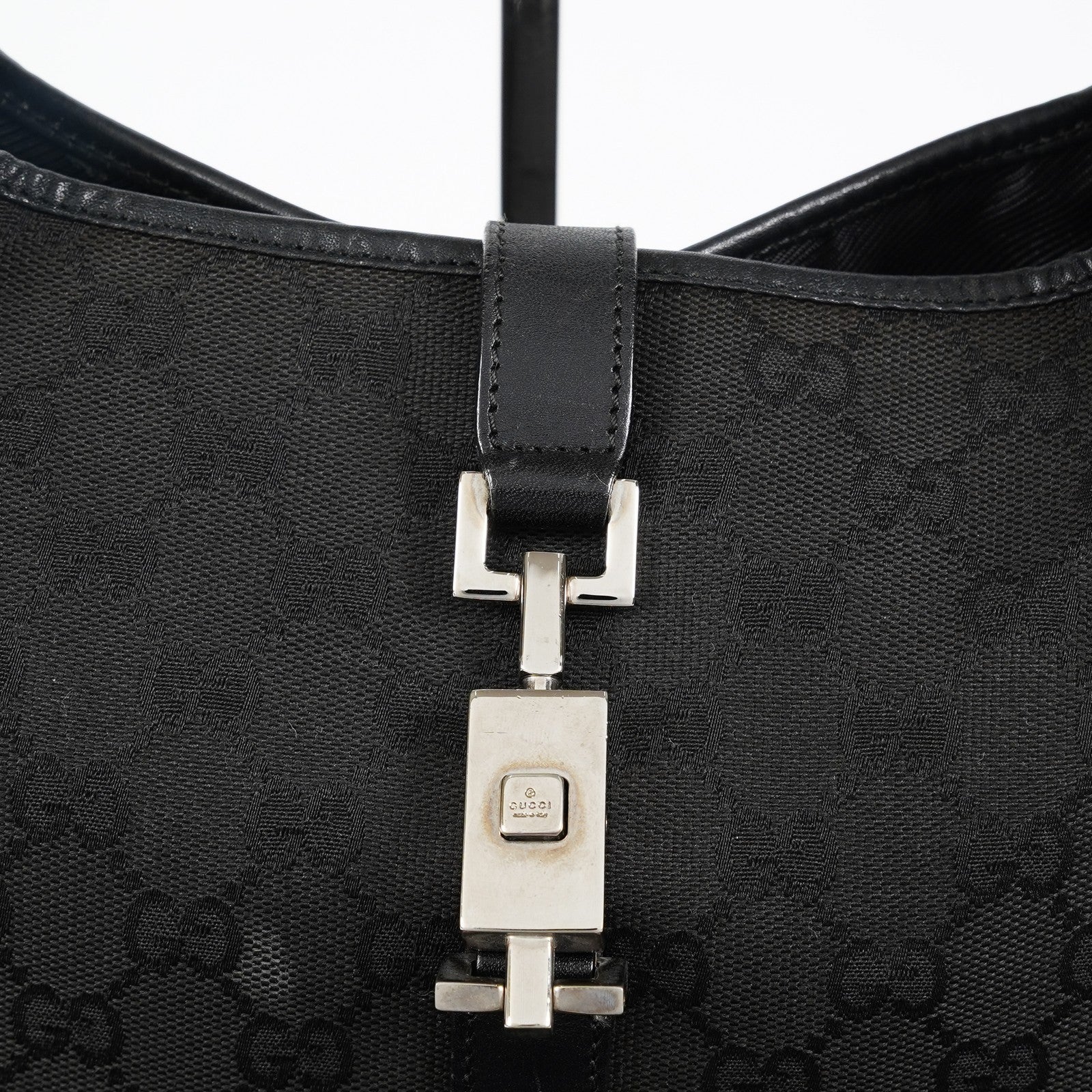 Gucci GG Canvas Shoulder Bag 30cm Black Leather Trim Vintage Used 07E263740009
