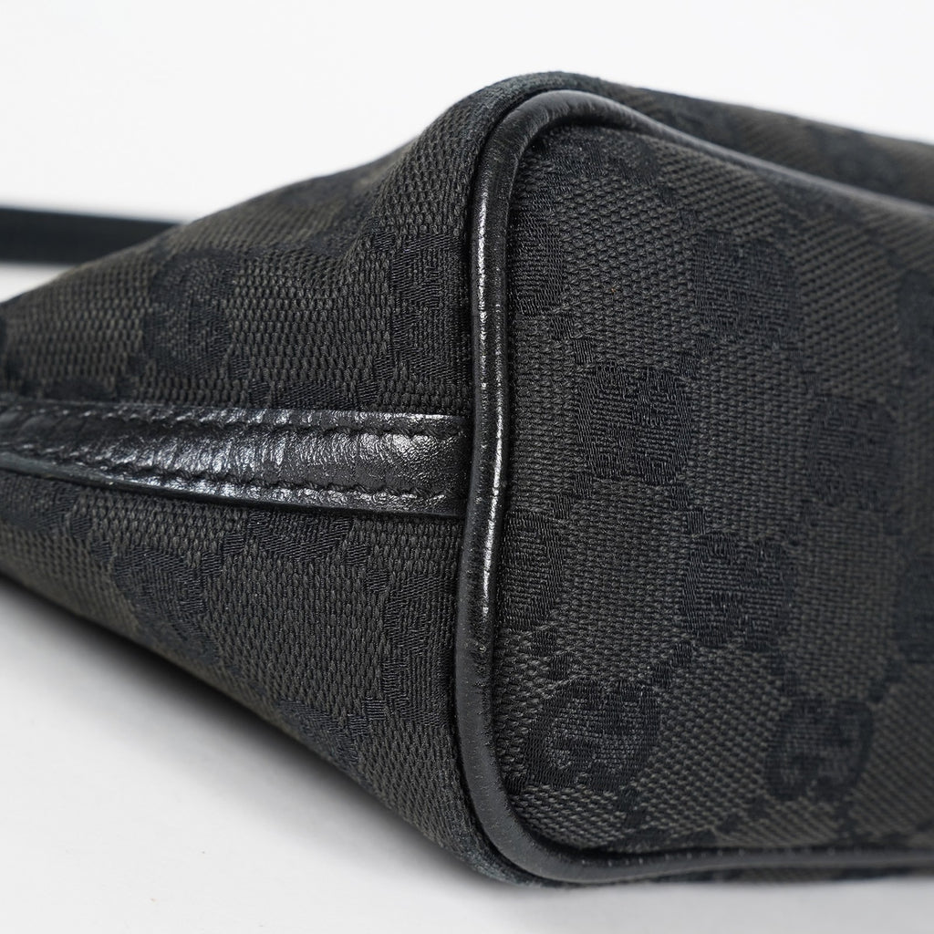 Gucci GG Canvas Boat Pochette 22cm Black Leather Trim Vintage Used 07E022310029