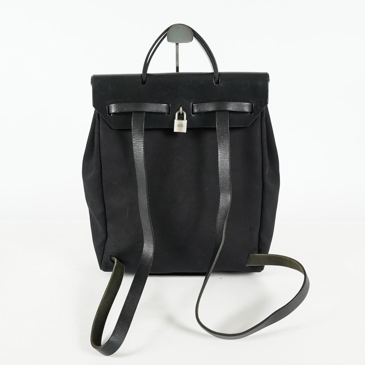 Hermes Herbag Ado Backpack 30cm Black Canvas Leather Used Auth 09E125940011