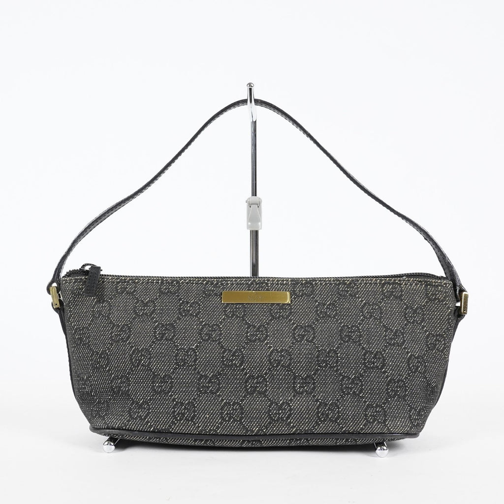 Gucci GG Canvas Boat Pochette Accessory Pouch Bag Gray Black Used 08E012530012