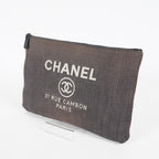CHANEL Deauville Canvas Clutch Bag Pouch CC Logo Dark Brown Used 07A144118424
