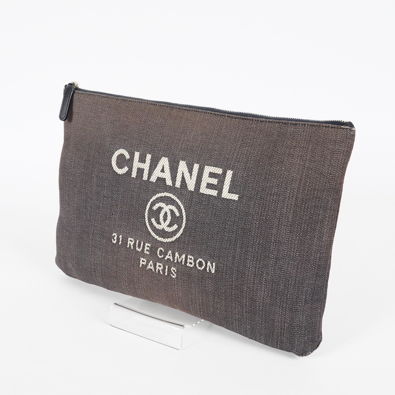 CHANEL Deauville Canvas Clutch Bag Pouch CC Logo Dark Brown Used 07A144118424