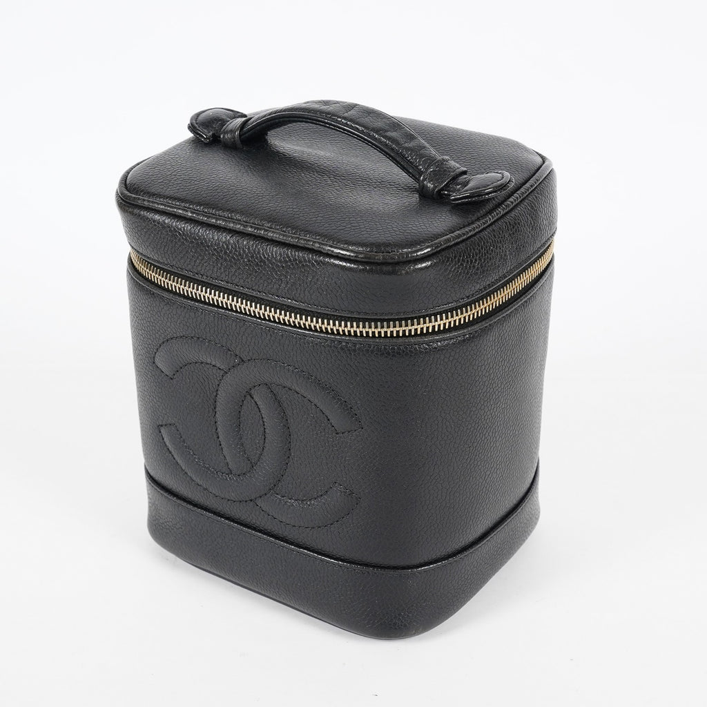 CHANEL Caviar Skin CC Vanity Bag Black Gold Hardware Vintage Case 08E047150002