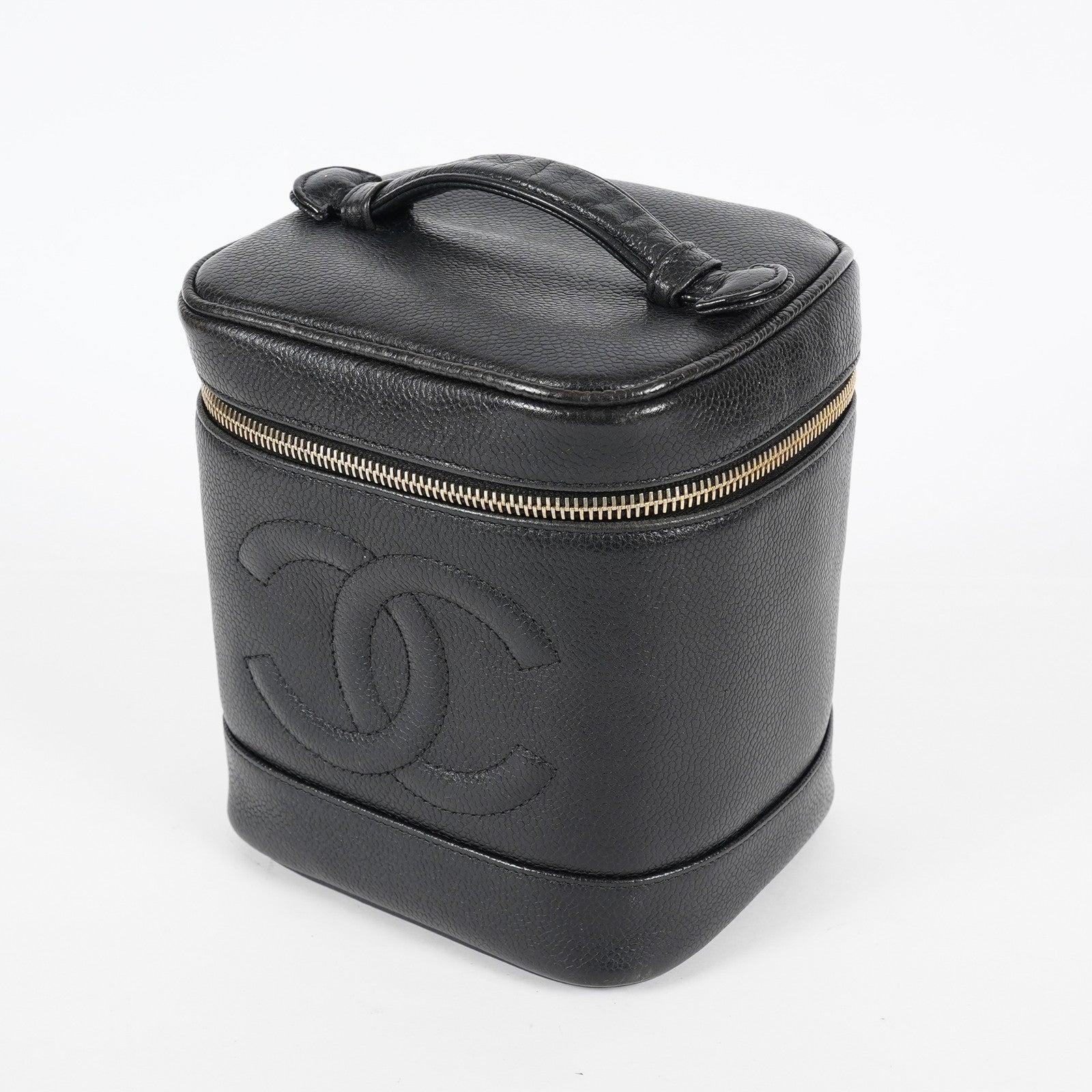 CHANEL Caviar Skin CC Vanity Bag Black Gold Hardware Vintage Case 08E047150002