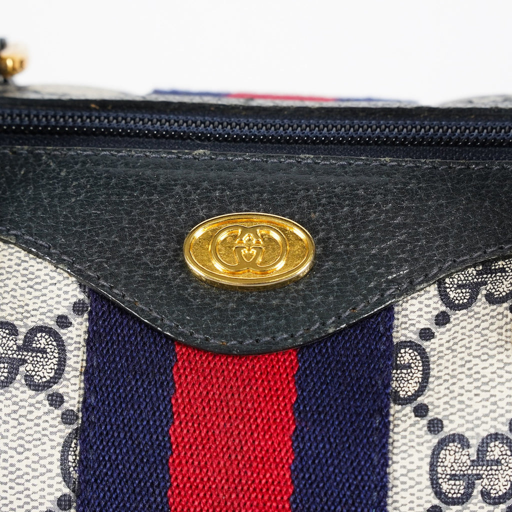 Gucci Sherry Line GG Supreme Boston Bag Navy Canvas Hand Bag Used 07E182860015