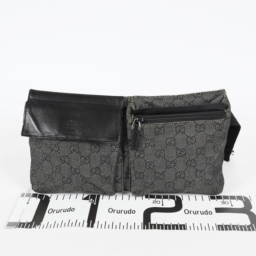Gucci GG Denim Waist Belt Bag 30cm Black Leather Trim Used Vintage 08E022310002